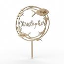 Runder Caketopper aus Birkenholz mit personalisiertem Namen, Anlass und Datum